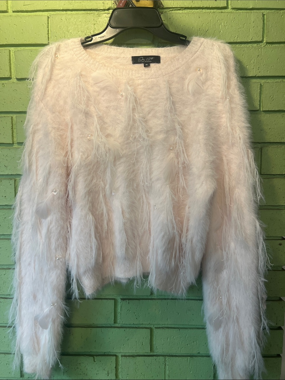 Blush Feather-Trim Crew Neck Sweater